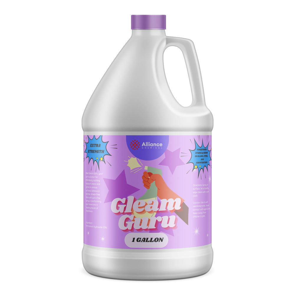 1-gallon white HDPE jug of Gleam Guru extra-strength ammonia cleaning solution with purple cap and label, Alliance Chemical brand.