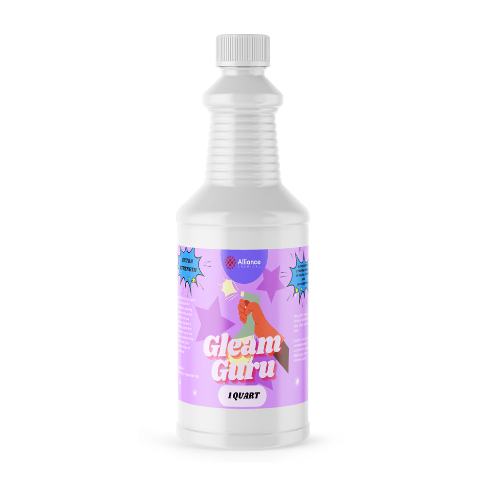 1-quart white HDPE bottle of Gleam Guru commercial cleaning solution with purple label, Alliance Chemical brand, extra-strength formula.