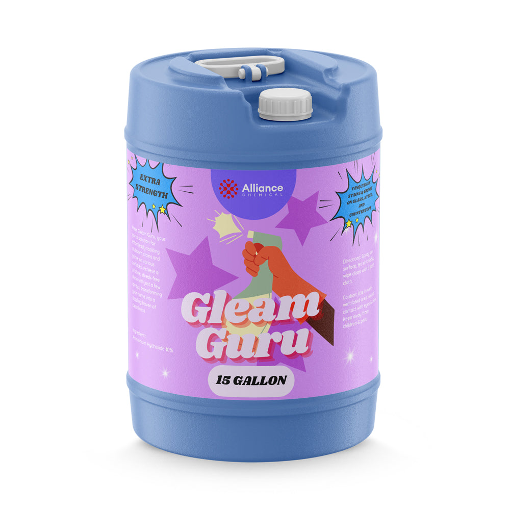 15-gallon blue HDPE drum of Gleam Guru extra-strength ammonia cleaner with Alliance Chemical branding, purple label, and dual-port cap system.