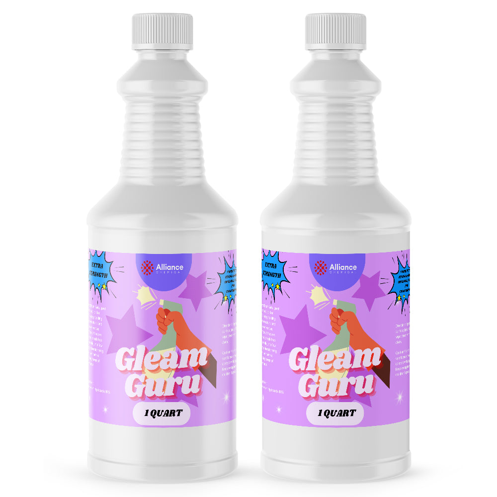 1-quart white HDPE bottles of Gleam Guru industrial cleaning solution by Alliance Chemical, featuring purple labels with spray icon and extra-strength formula.