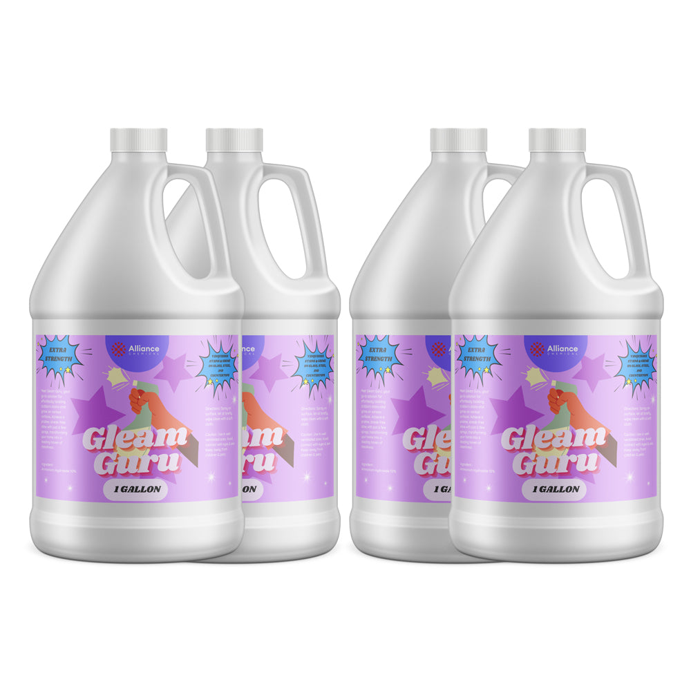 4-gallon case (4x1-gallon jugs) of Gleam Guru extra-strength ammonia cleaning solution in white HDPE containers with purple labels, Alliance Chemical.