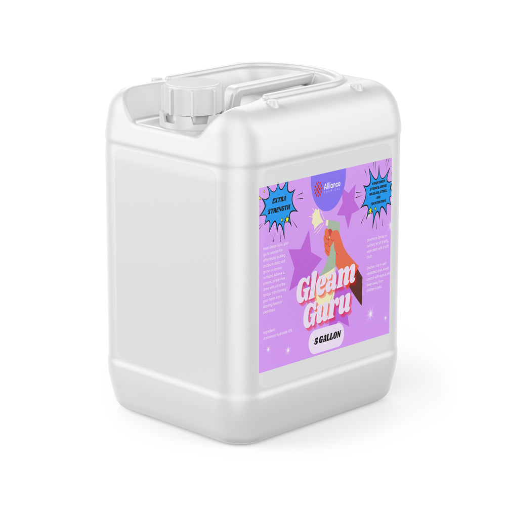 5-gallon white HDPE container of Gleam Guru extra-strength ammonia cleaning solution with purple label and secure screw-top industrial cap.