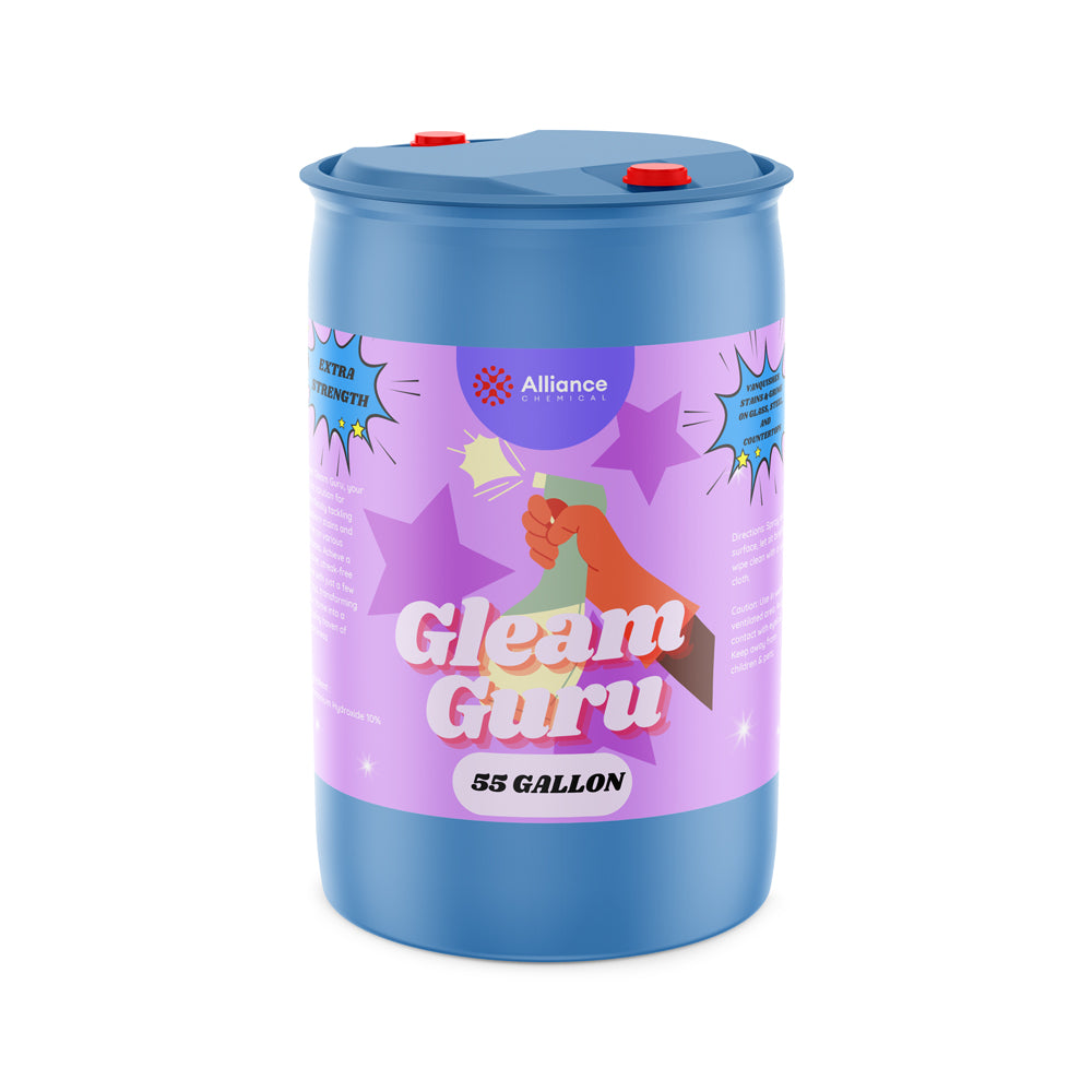 55-gallon blue HDPE drum of Gleam Guru extra-strength ammonia cleaning solution with purple label and dual-port sealed lid, Alliance Chemical.