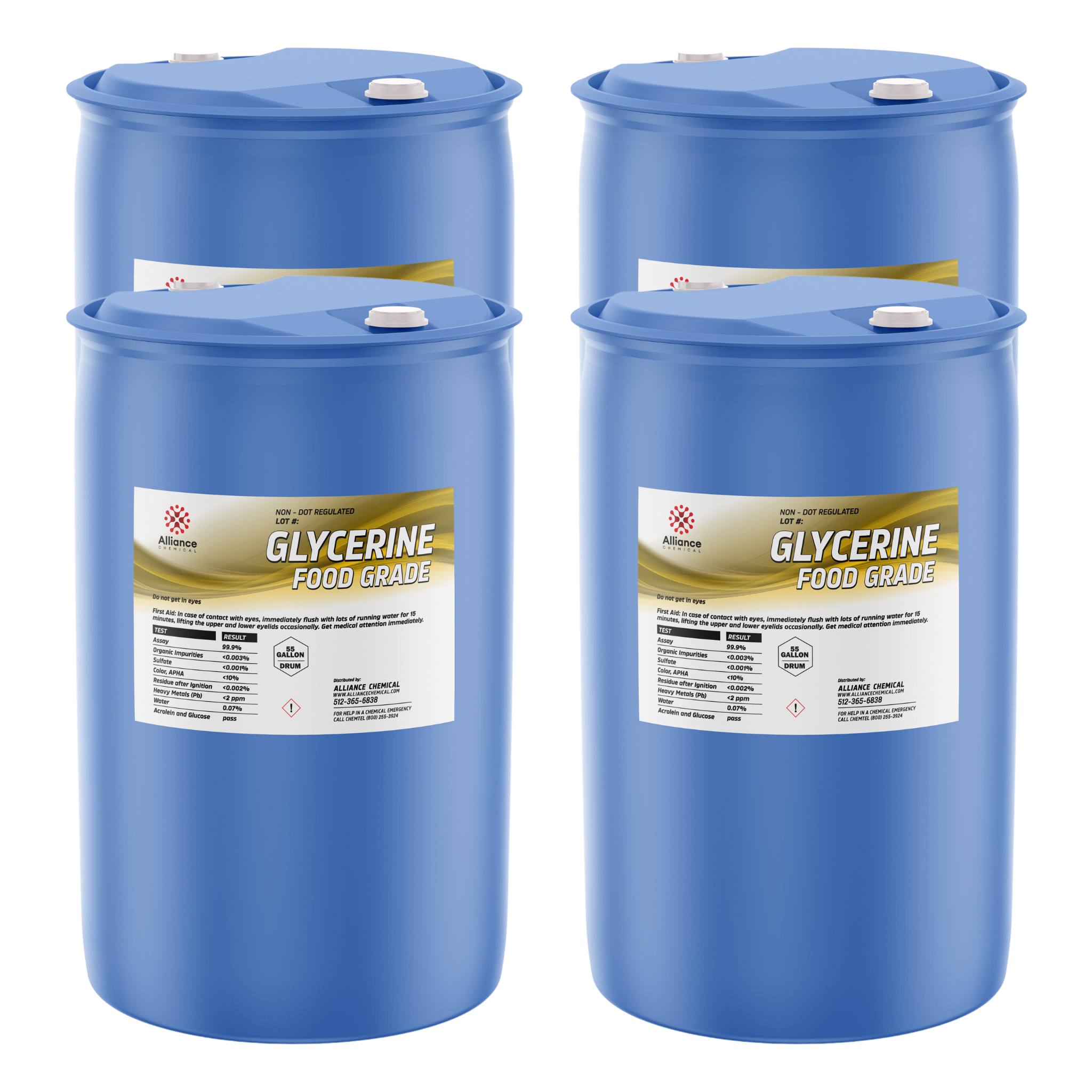 55-gallon blue HDPE drums of food-grade glycerine, Alliance Chemical, non-DOT regulated, with white screw caps and product specification labels.