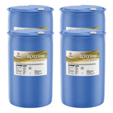 55-gallon HDPE drums of food-grade glycerine, Alliance Chemical, non-DOT regulated, with white screw caps and product