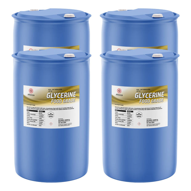 55-gallon HDPE drums of food-grade glycerine, Alliance Chemical, non-DOT regulated, with white screw caps and product