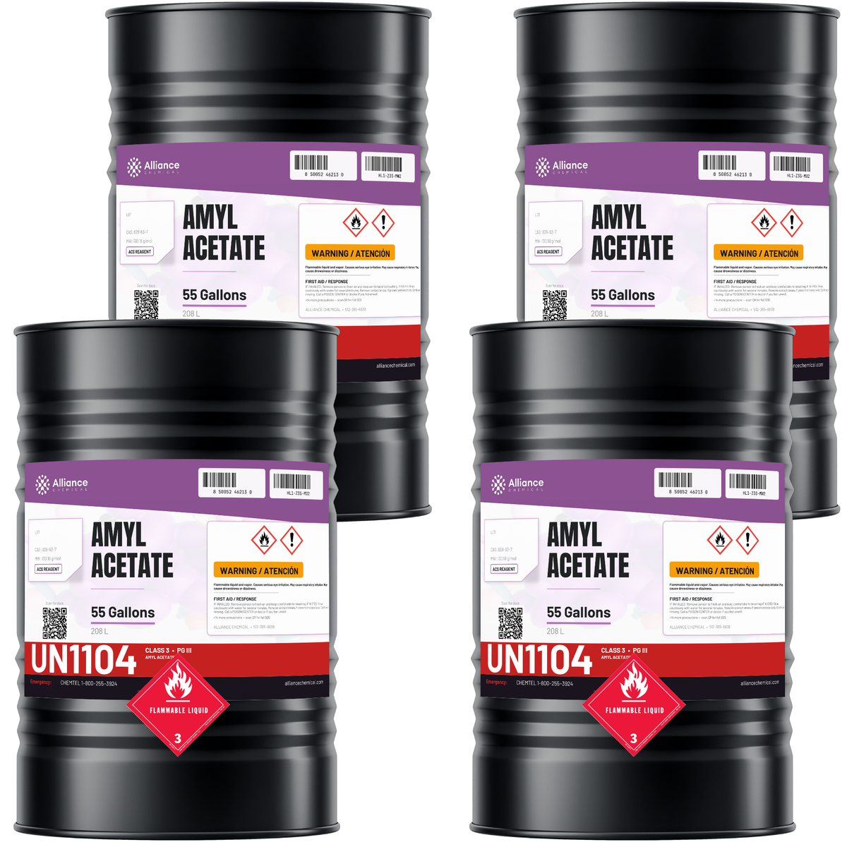 Amyl Acetate ACS Reagent Grade in four 55-gallon drums from Alliance Chemical for industrial coatings and extraction