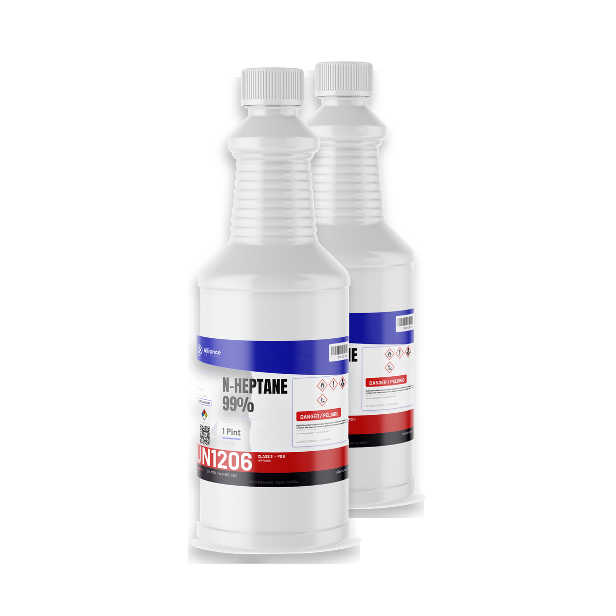 n-Heptane 99% ACS grade in two 1-pint plastic bottles by Alliance Chemical for laboratory chromatography solvent