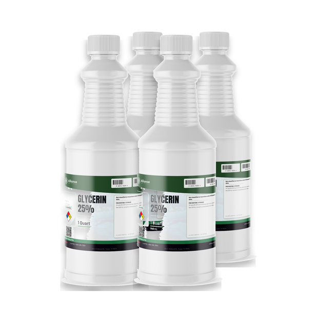 Glycerin 25% Food Grade liquid in four 1-quart white plastic bottles, Alliance Chemical