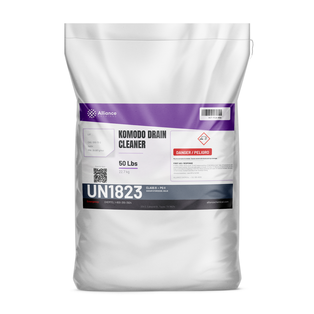 Komodo Drain Cleaner in a white sealed 50-pound bag for clearing organic grease in drains, Alliance Chemical