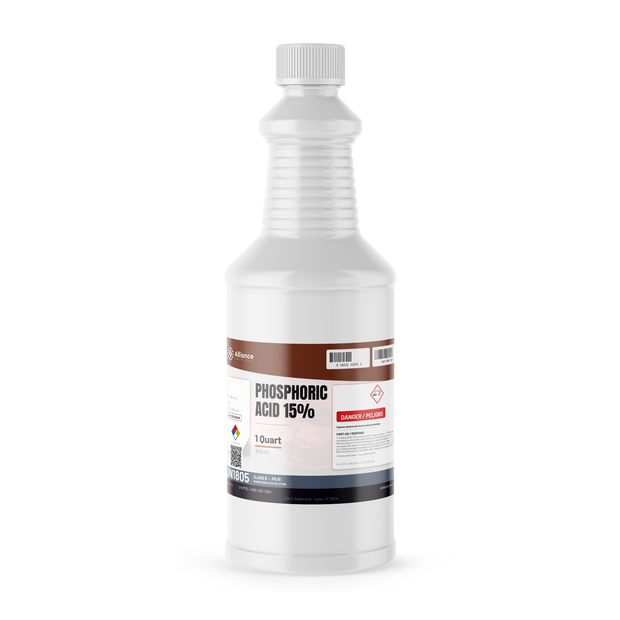 Phosphoric Acid 15% Food Grade liquid in a 1-quart white plastic bottle, Alliance Chemical