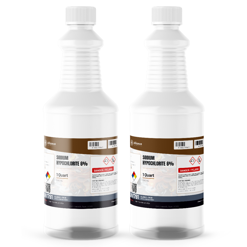 Sodium Hypochlorite 6% Technical Grade in two 1-quart plastic bottles from Alliance Chemical