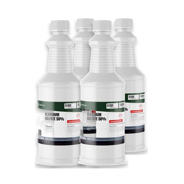 Aluminum Sulfate 50% Technical Grade case of four 1-quart plastic bottles from Alliance Chemical for water treatment