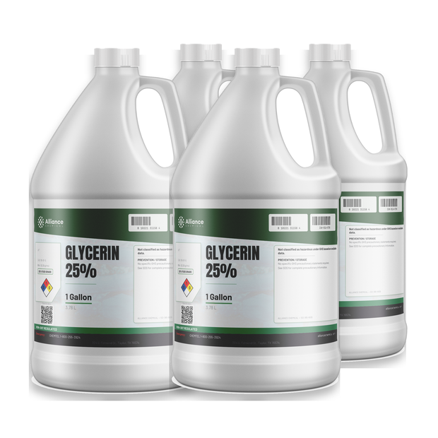 Glycerin 25% Food Grade, case of four 1-gallon translucent jugs, Alliance Chemical