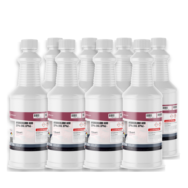 Hydrochloric Acid 37% Technical Grade in eight 1-quart bottles from Alliance Chemical for steel pickling and pH adjustment