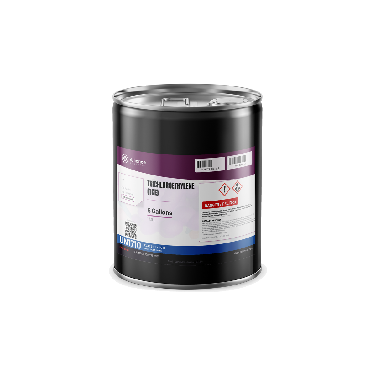 Trichloroethylene ACS Reagent Grade in a 5-gallon metal pail from Alliance Chemical for precision vapor degreasing