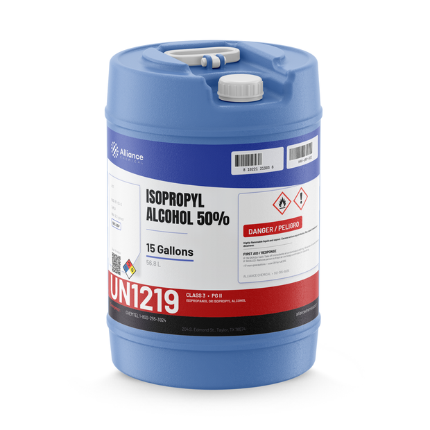 Isopropyl Alcohol 50% USP Grade in a blue 15-gallon plastic carboy with top handle and white cap, Alliance Chemical