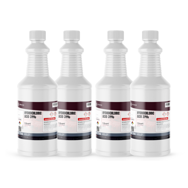 Hydrochloric Acid 31% ACS Grade in four 1-quart plastic bottles, Alliance Chemical