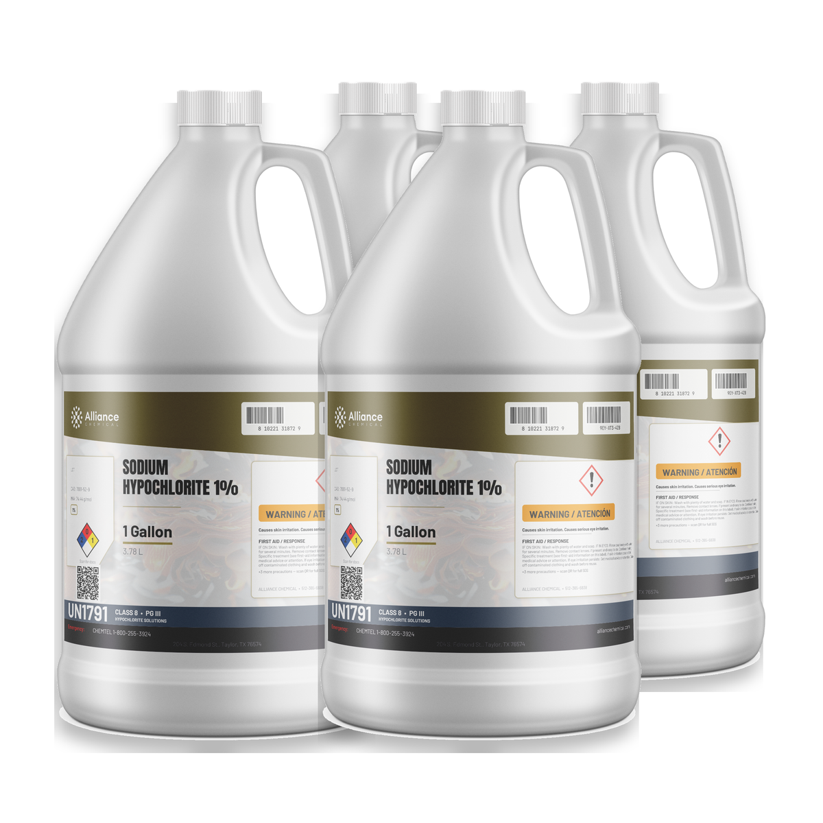Sodium Hypochlorite 1% technical grade in a case of four 1-gallon plastic jugs from Alliance Chemical