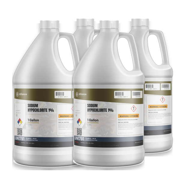 Sodium Hypochlorite 1% technical grade in a case of four 1-gallon plastic jugs from Alliance Chemical