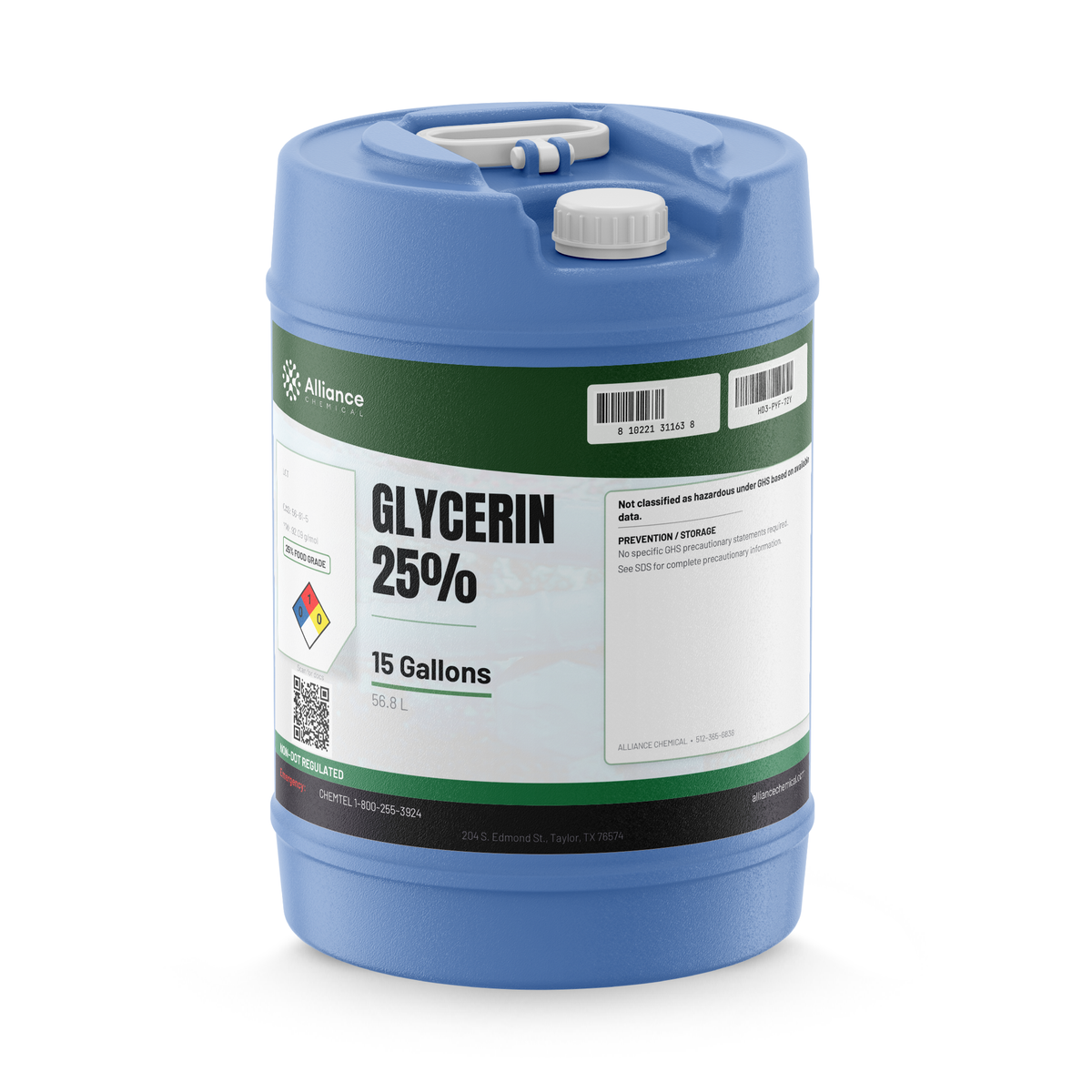 Glycerin 25% Food Grade in a blue 15-gallon carboy for food and beverage processing, Alliance Chemical