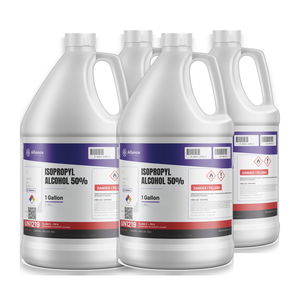 Isopropyl Alcohol 50% Technical Grade in a case of four 1-gallon plastic jugs from Alliance Chemical