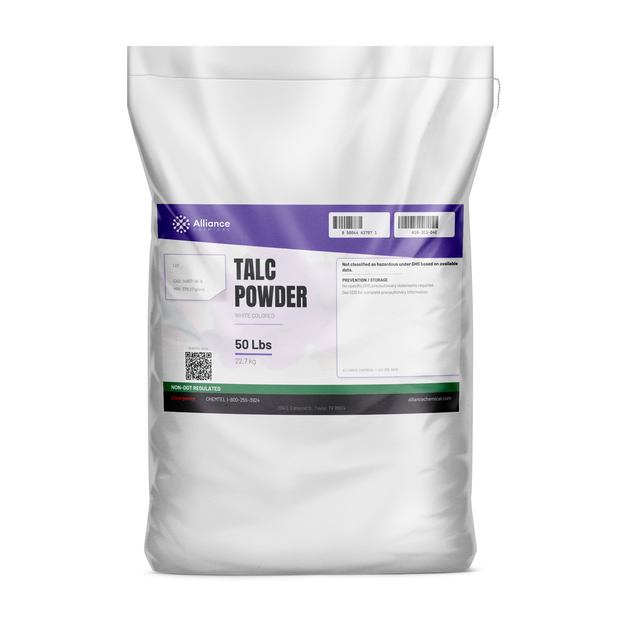 Technical grade white talc powder in a 50-lb bag for mineral filler and mold release, Alliance Chemical
