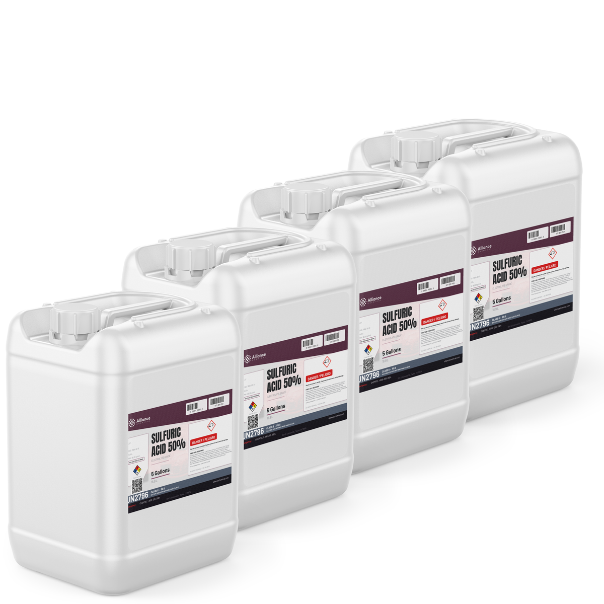 Sulfuric Acid 50% Electrolyte Grade four 5-gallon pails Alliance Chemical for battery electrolyte and metal anodizing