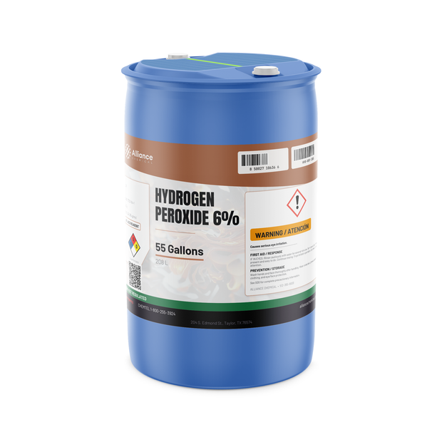 Hydrogen Peroxide 6% ACS Grade in a blue 55-gallon plastic drum with white bung caps, Alliance Chemical