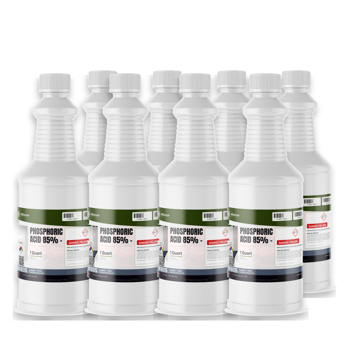 Phosphoric Acid 85% Technical Grade, eight 1-quart bottles from Alliance Chemical for metal surface preparation and rust prevention