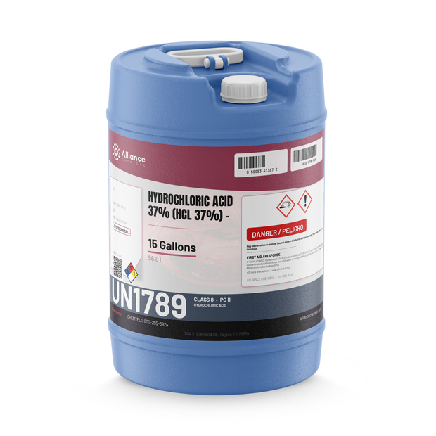 Hydrochloric Acid 37% Technical Grade 15-gallon carboy from Alliance Chemical for steel pickling and pH adjustment