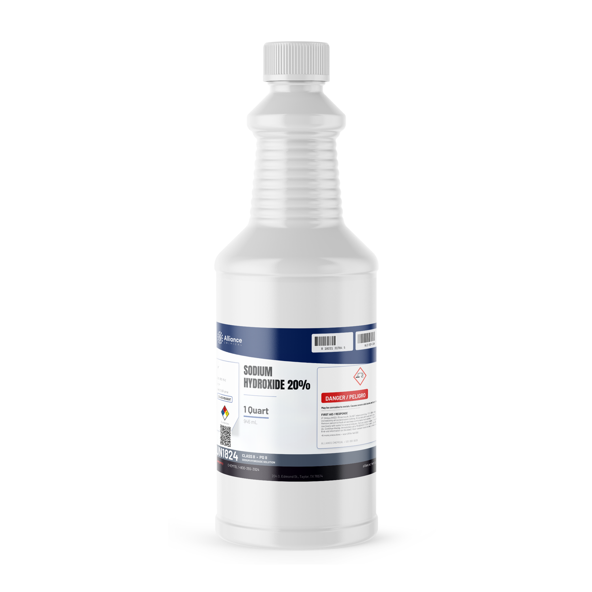 Sodium Hydroxide 20% ACS Reagent Grade 1-quart white plastic bottle, Alliance Chemical