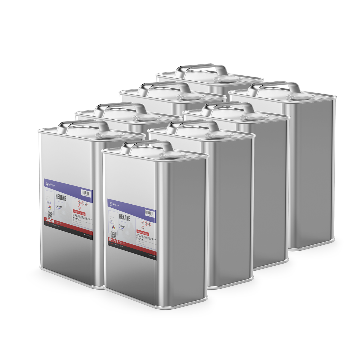Hexane Technical Grade, eight 1-quart metal cans from Alliance Chemical for solvent extraction and parts cleaning