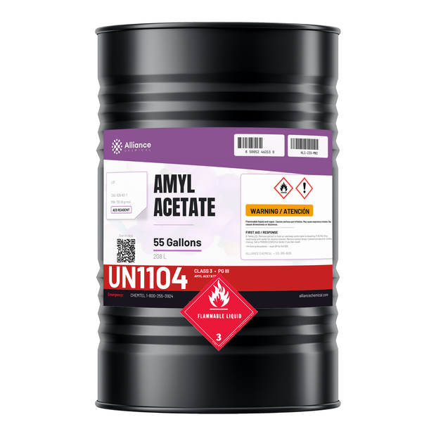 Amyl Acetate ACS Reagent Grade 55-gallon steel drum, Alliance Chemical for industrial coatings and laboratory extraction