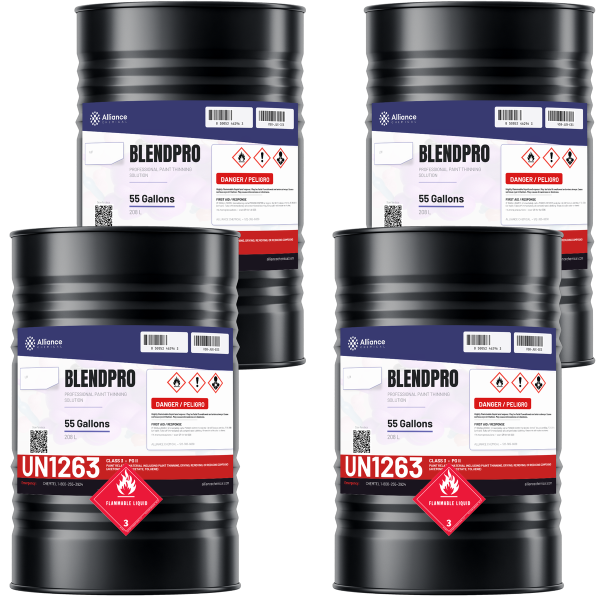 Blendpro paint thinner technical grade in four 55-gallon drums from Alliance Chemical for paint thinning