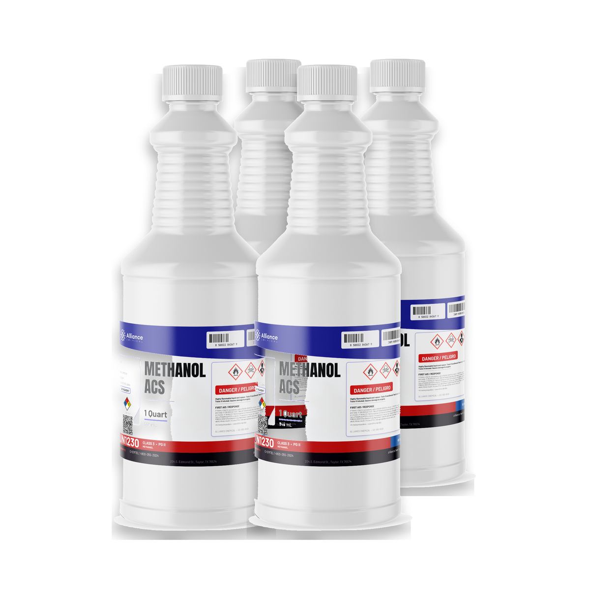 Methanol 99.8% ACS Reagent Grade in four 1-quart white plastic bottles from Alliance Chemical