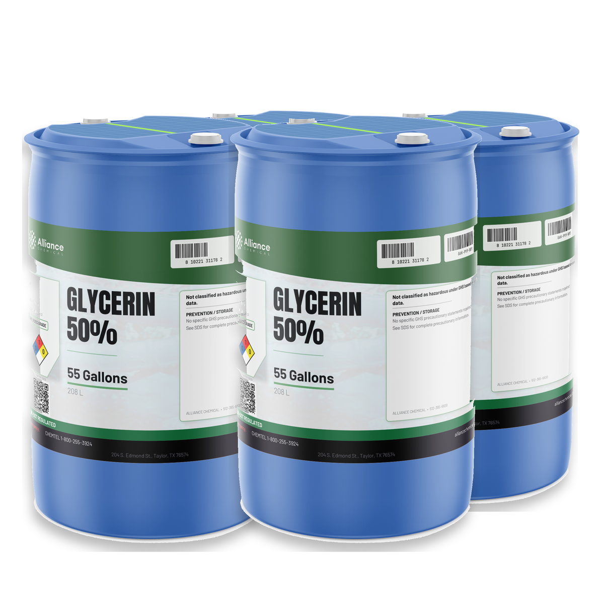Glycerin 50% Food Grade in four 55-gallon blue plastic drums, Alliance Chemical