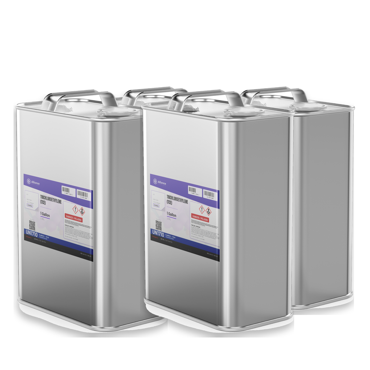 Trichloroethylene Technical Grade in four 1-gallon metal cans from Alliance Chemical for vapor degreasing