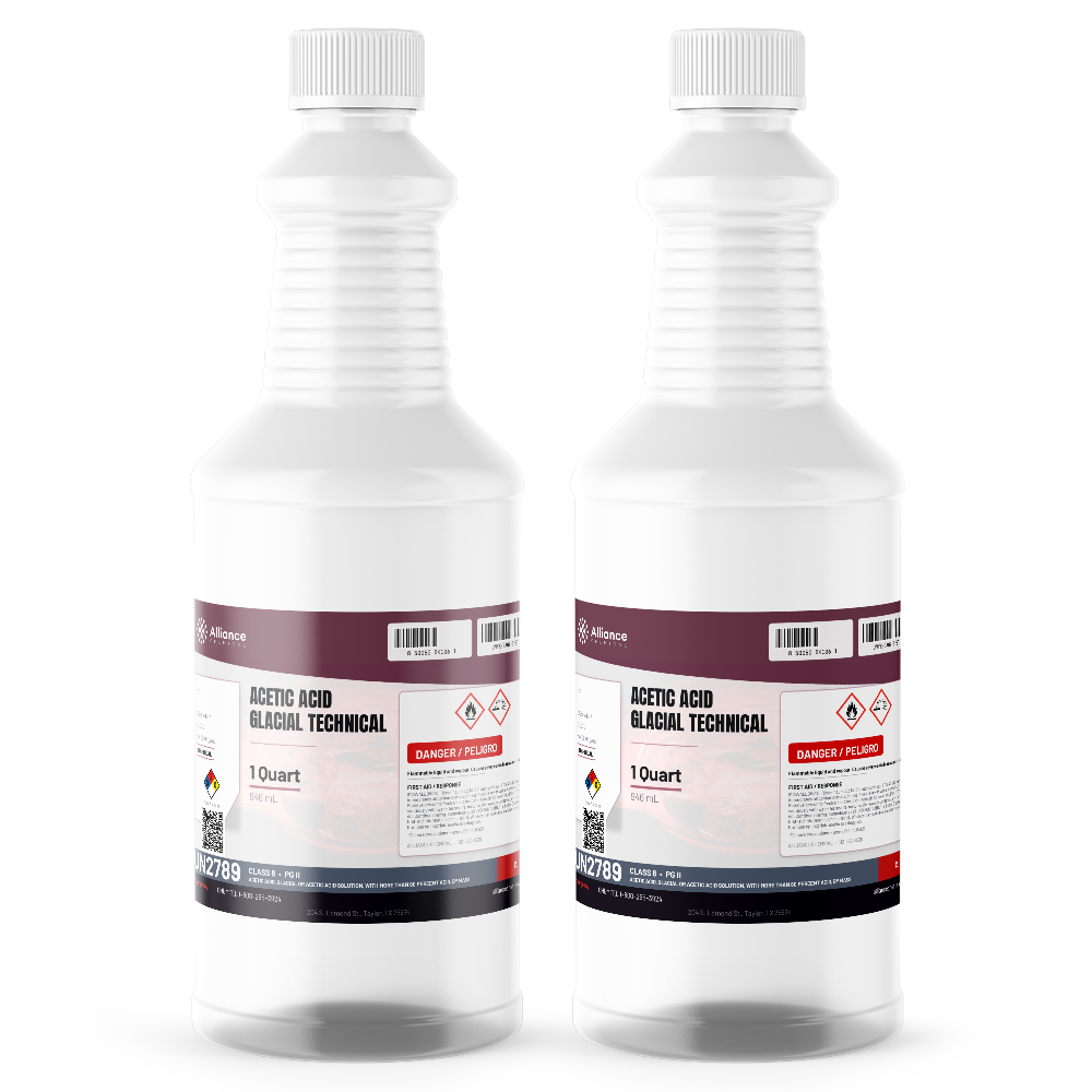 Acetic Acid Glacial Technical Grade in two 1-quart plastic bottles from Alliance Chemical