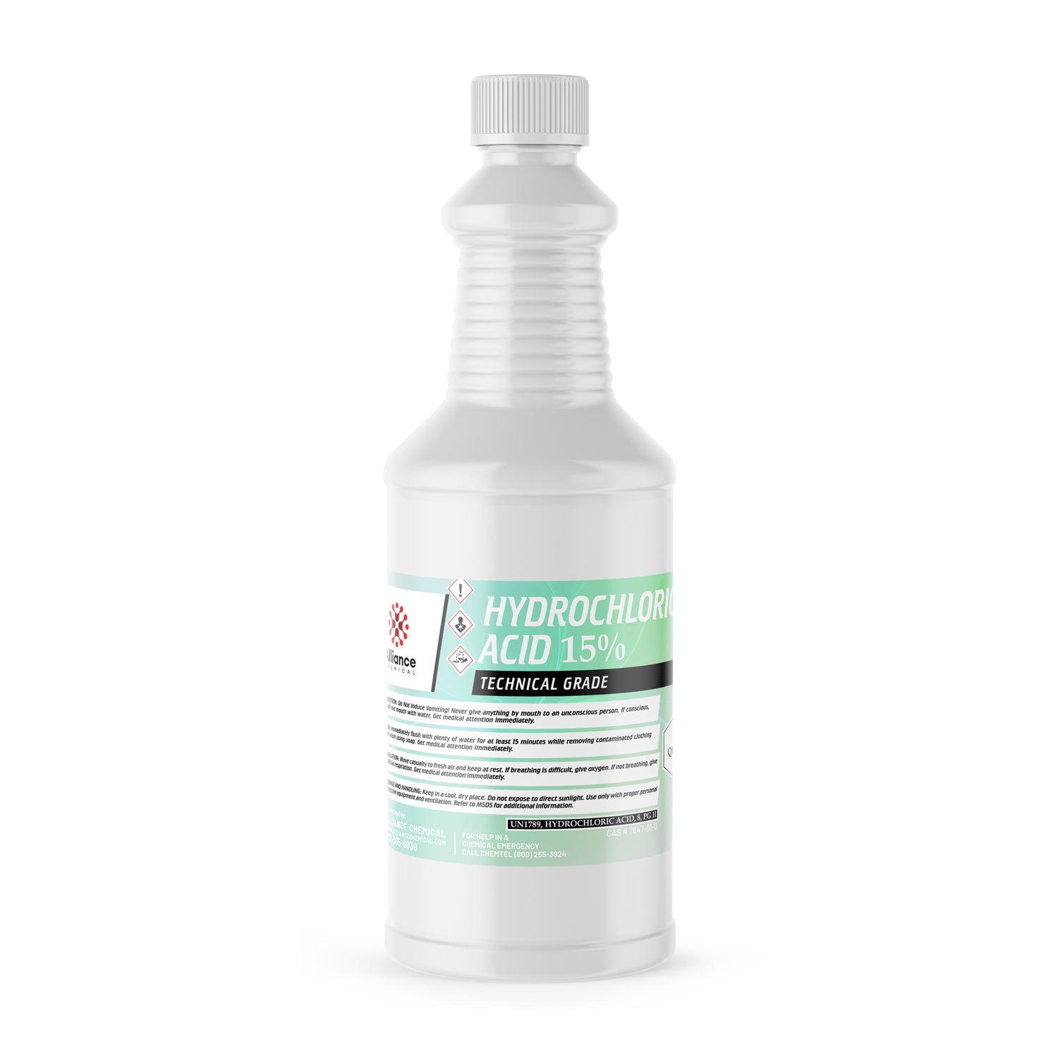 1-quart white HDPE bottle of 15% Technical Grade Hydrochloric Acid with hazard warning symbols, ribbed grip design, and safety label.