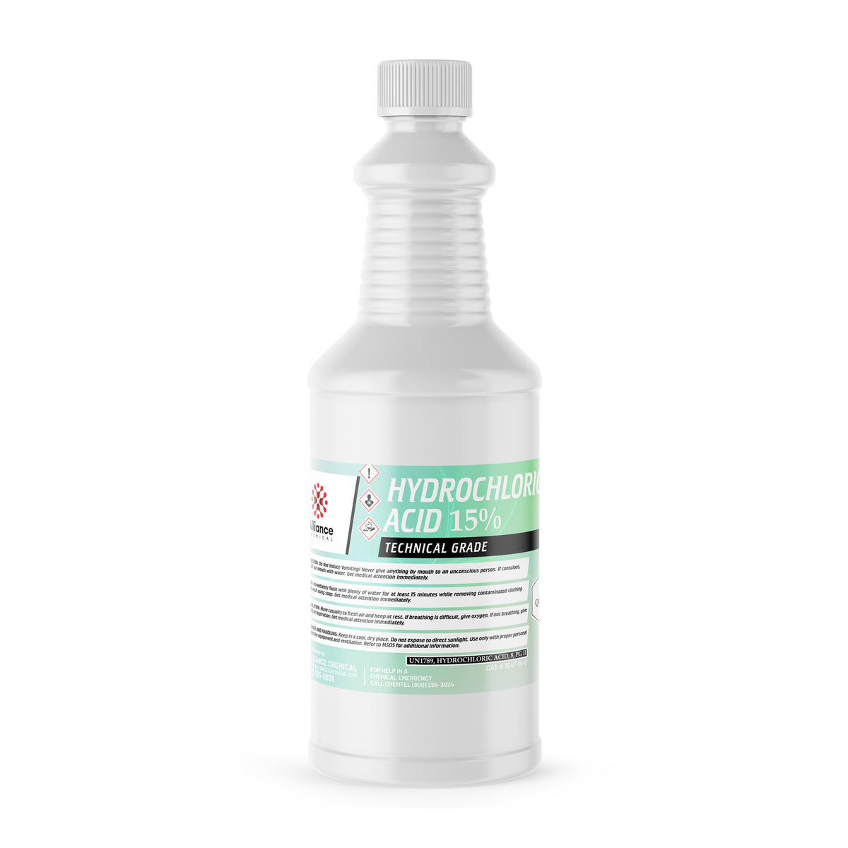One 1-quart plastic bottle of Alliance Chemical Hydrochloric Acid 15% Technical Grade with a white cap and label.