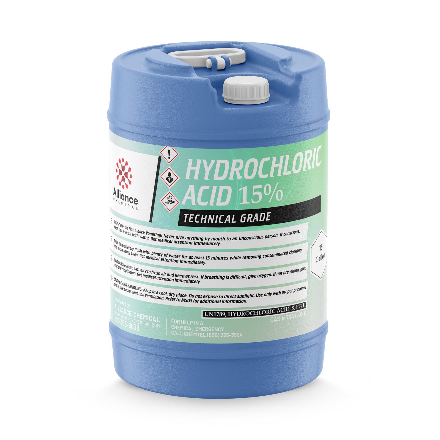 15-gallon blue HDPE drum of 15% Hydrochloric Acid Technical Grade, featuring hazard pictograms, safety instructions, and Alliance Chemical branding.