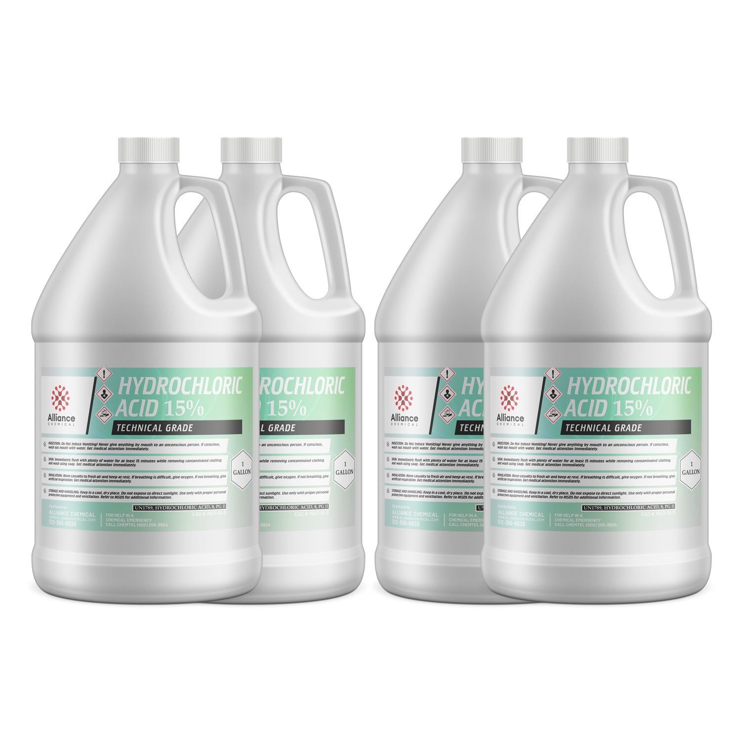 4-gallon industrial hydrochloric acid 15% technical grade in white HDPE jugs with GHS hazard symbols, Alliance Chemical branding, safety warnings.