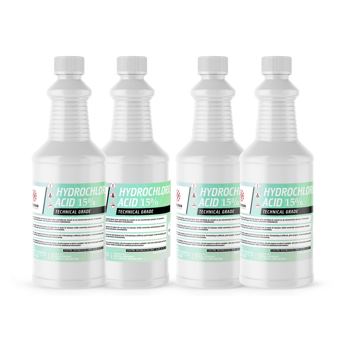 Four 1-quart Alliance Chemical Hydrochloric Acid 15% Technical Grade HDPE bottles with white screw caps and product labels.