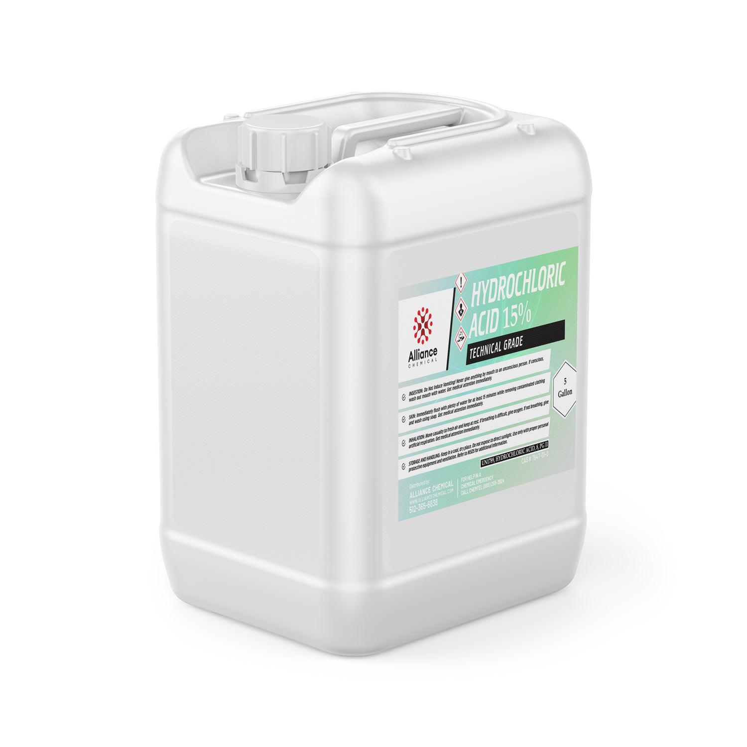 5-gallon HDPE container of 15% technical-grade hydrochloric acid with GHS hazard symbols, Alliance Chemical branding, and mint-green label panel.
