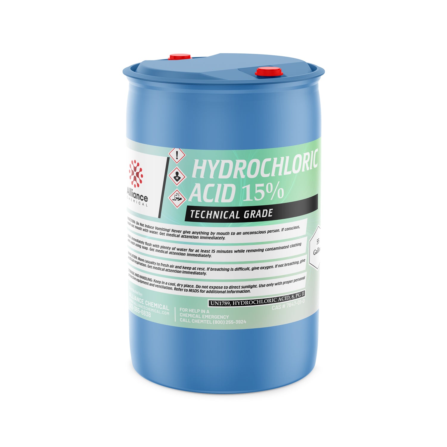 55-gallon blue polyethylene drum of 15% Technical Grade Hydrochloric Acid with GHS hazard symbols, safety warnings, and red-capped vents.