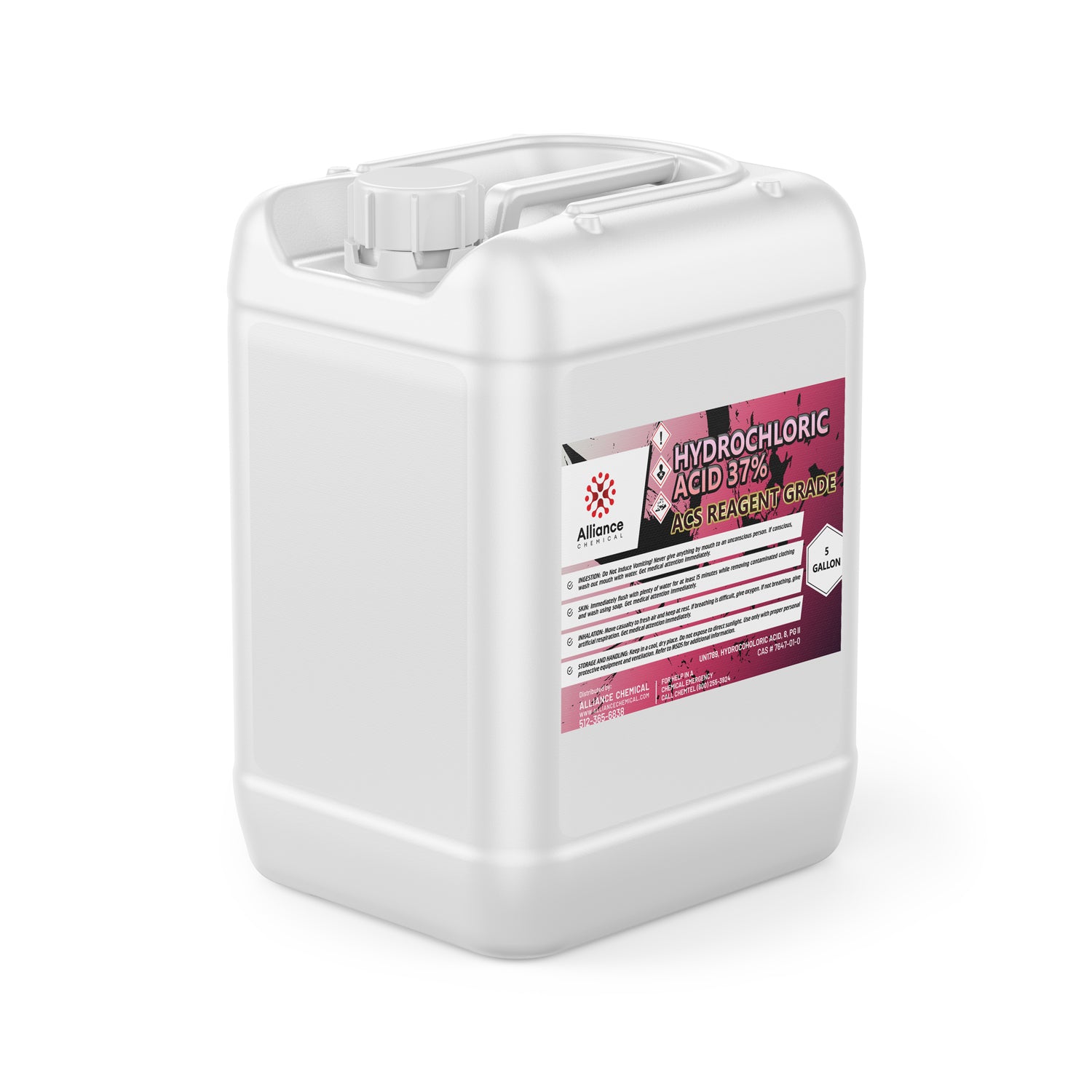 5-gallon white HDPE container of 37% ACS Reagent Grade Hydrochloric Acid with corrosive hazard label, Alliance Chemical branding, and secure screw cap.