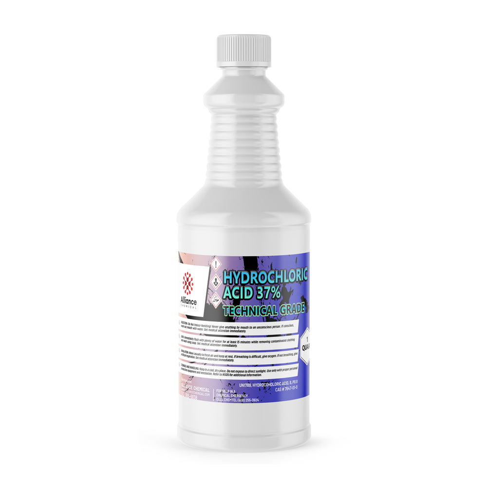 1-quart technical-grade 37% Hydrochloric Acid (HCl) in white HDPE bottle with hazard symbols and blue gradient label by Alliance Chemical.