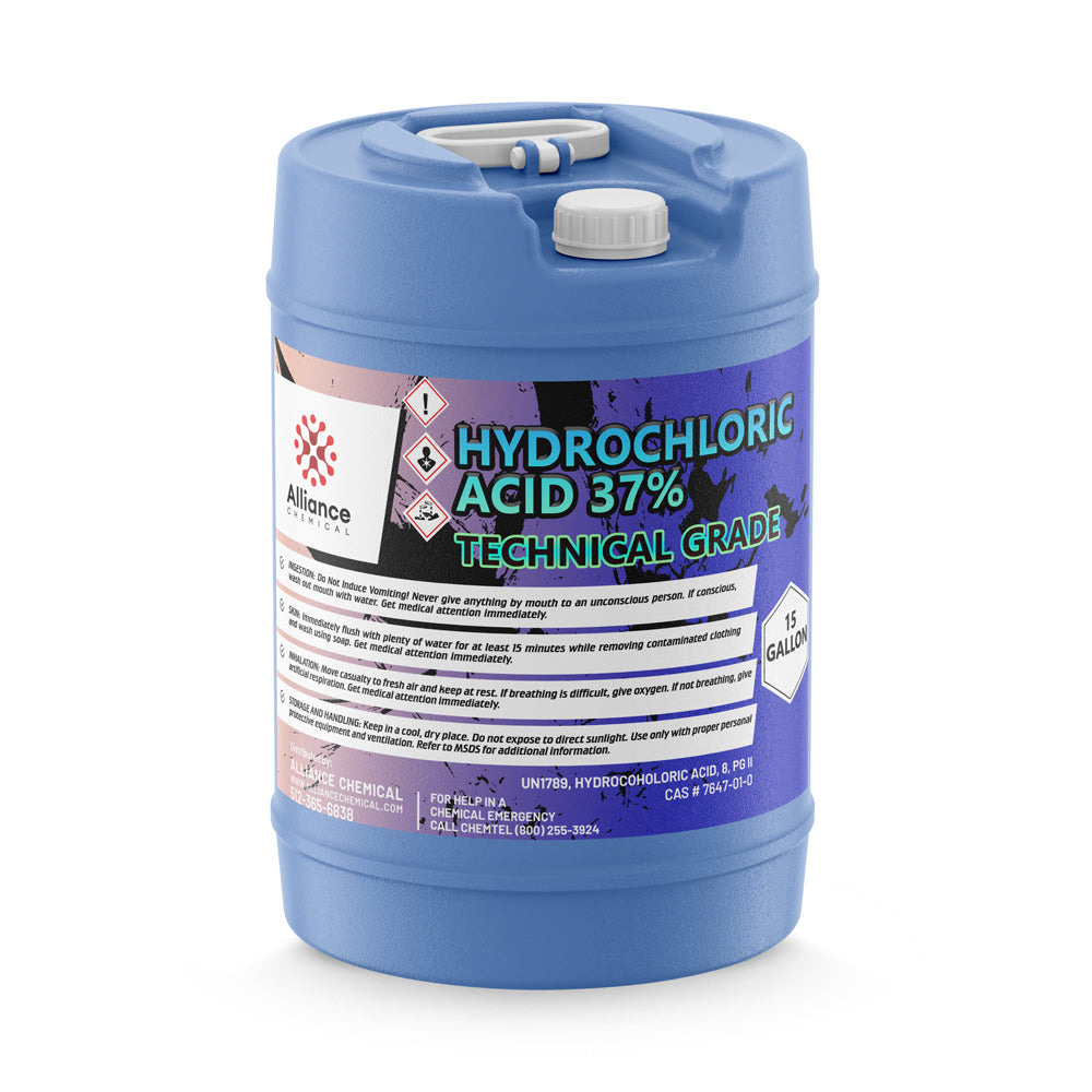 One 15-gallon blue HDPE drum of Alliance Chemical Hydrochloric Acid 37% Technical Grade with a white cap and handle.