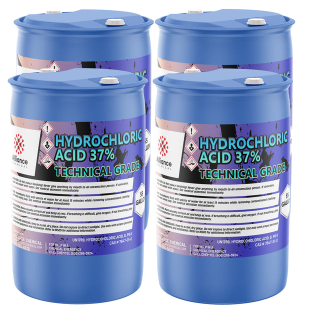 Four 55-gallon blue plastic drums of Alliance Chemical Hydrochloric Acid 37% Technical Grade with labels.